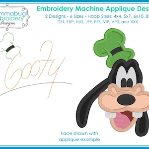 May include: Embroidery machine applique design featuring a cartoon character's face with a green hat and black ears. The word "Goofy" is written in a cursive font. The design includes the text "Embroidery Machine Applique Design" and "Mommabug Embroidery Designs."