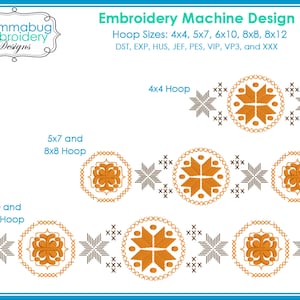 May include: Embroidery machine design with a variety of geometric patterns in orange and brown. The design is shown in different hoop sizes: 4x4, 5x7, 6x10, 8x8, and 8x12. The design is available in the following formats: DST, EXP, HUS, JEF, PES, VIP, VP3, and XXX.