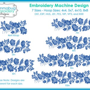 Puede incluir: Un diseño de bordado a máquina con un borde floral azul. La imagen muestra siete tamaños diferentes, incluyendo tamaños de aro de 4x4, 5x7, 6x10 y 8x8 pulgadas. El texto dice "Embroidery Machine Design."