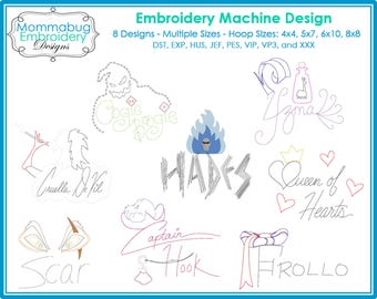 Archivo de diseño de máquina de bordar digital con firma de 8 villanos malvados de dibujos animados mágicos