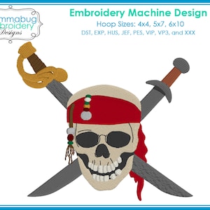 Caribbean Pirate Skull and Swords DIGITAL Embroidery Machine Design File