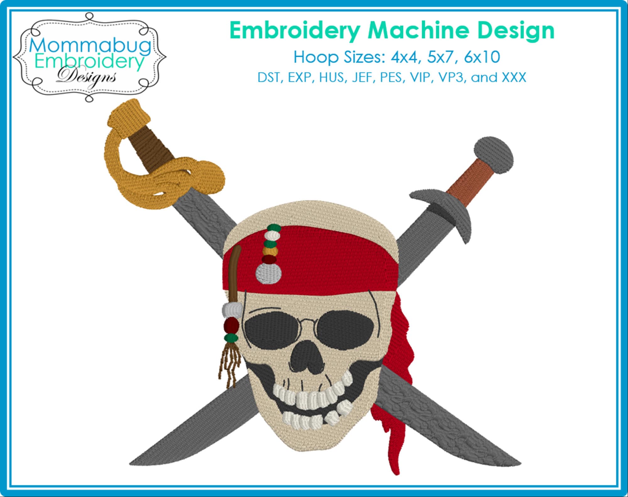 Caribbean Pirate Skull and Swords DIGITAL Embroidery Machine Design ...