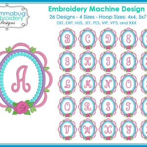 May include: An embroidery machine design featuring 26 letters of the alphabet, each within a decorative oval frame. The frames are in shades of pink, teal, and purple, with floral accents. The design includes the text "Mommabug Embroidery Designs".