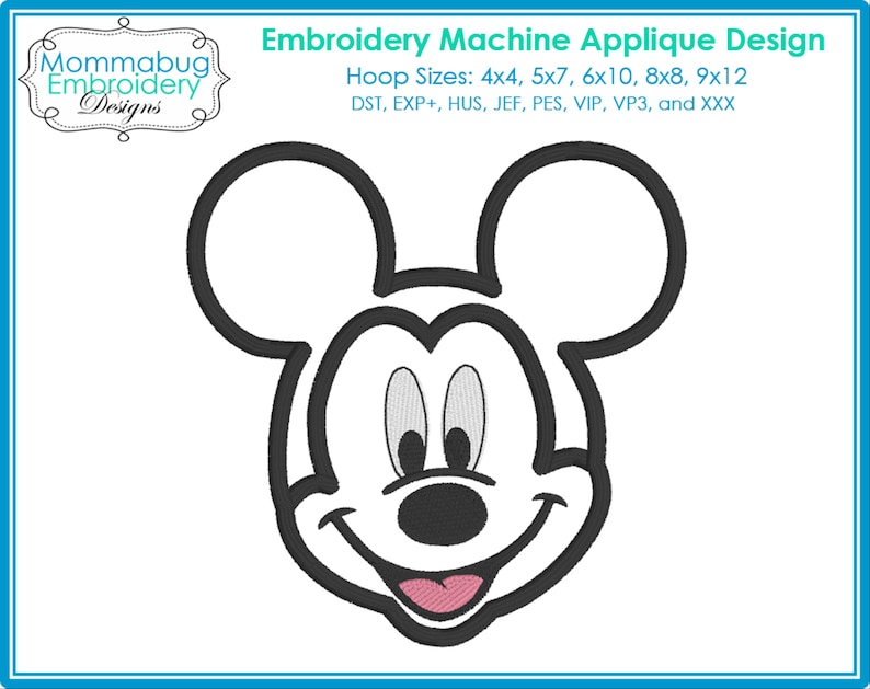 May include: An embroidery machine applique design featuring a smiling cartoon mouse face with large ears, outlined in black. The design includes the text "Embroidery Machine Applique Design" and "Mommabug Embroidery Designs". Hoop sizes are listed.