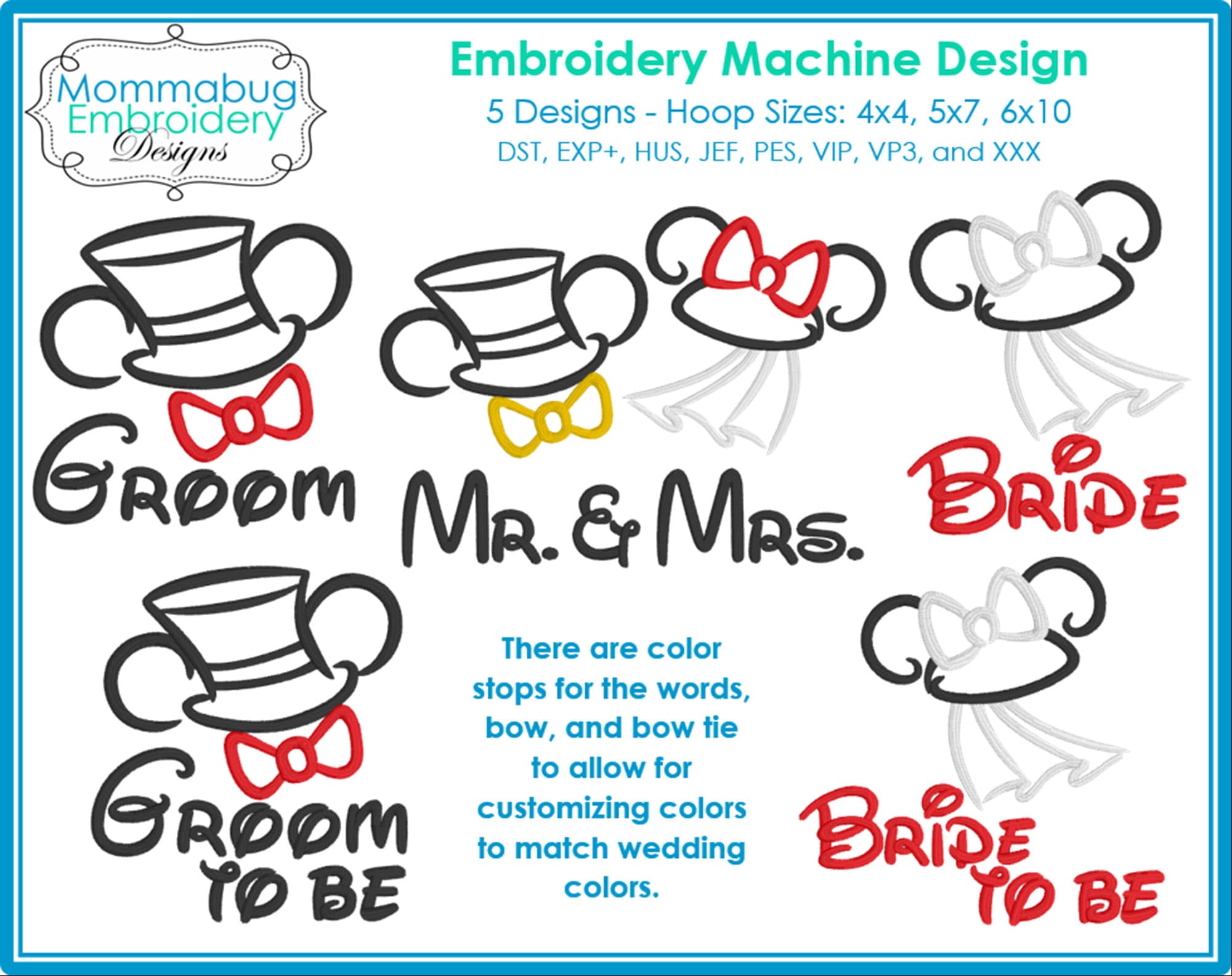 Mickey and Minnie Mouse Wedding Mr. and Mrs. Bride and Gr… embroidery font sample
