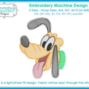 May include: An embroidery machine design of a cartoon dog with a long tongue. The design includes the text "Embroidery Machine Design" and "Mommabug Embroidery Designs". The design is available in 5 sizes, with hoop sizes of 4x4, 5x7, 6x10 (or 20.3x20.3 cm).