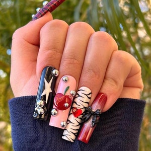 Zebra Print Cherry Y2K Press On Nails | pink press ons | zebra press ons | custom press ons | square nails | bow nails | star press on nails