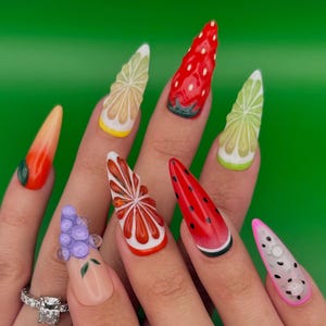3D Fruit Press On Nails | fruit nails | summer nails | 3D nails | custom press ons | almond press ons | lemon nails | strawberry nails