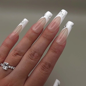 Silver Chrome Star French Tip Press On Nails | chrome press ons | star press ons | silver chrome nails | square nails | custom press ons