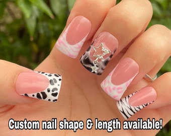 Pink/Black Animal Print French Tip Press On Nails | leopard nails | cheetah press on nails | custom press ons | duck press ons | zebra nails