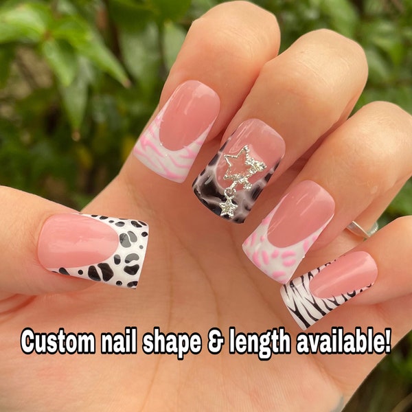 Pink/Black Animal Print French Tip Press On Nails | leopard nails | cheetah press on nails | custom press ons | duck press ons | zebra nails