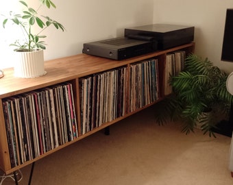 Vinyl storage unit, solid wood, handmade, assembled...just attach legs (tudor oak or light oak)