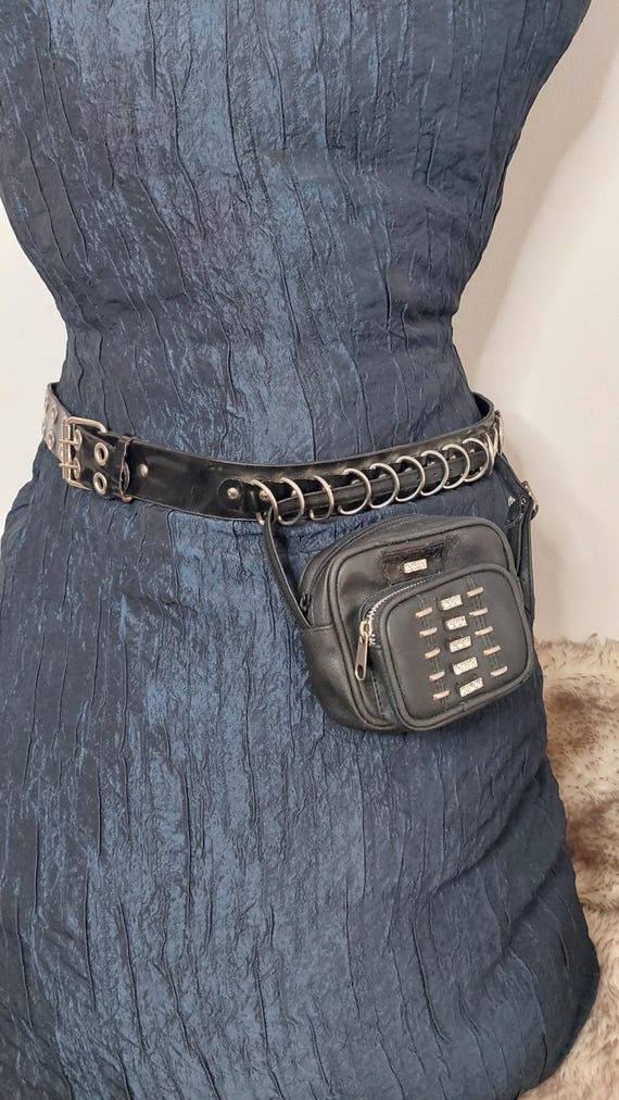 Black Faux Leather Belt Bag With Crystals & Silver Chains - Etsy display picture 3