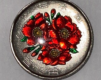 Hand enamelled 100 yen Japanese coin red flowers