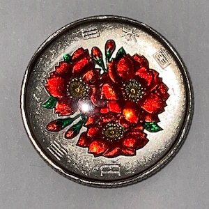 Hand enamelled 100 yen Japanese coin red flowers