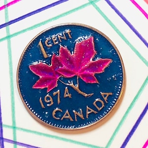 Hand coloured Canadian penny one cent coin 1974 shimmer pink and navy blue