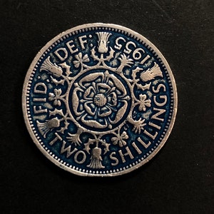 Hand painted British 2 shilling from 1955 (florin) blue and silver