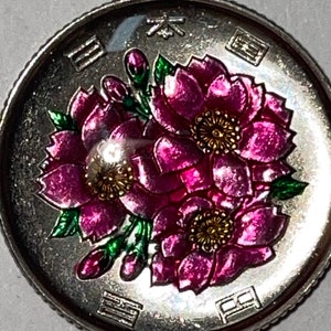 Hand enamelled 100 yen Japanese coin pink flowers