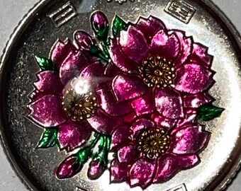 Hand enamelled 100 yen Japanese coin pink flowers