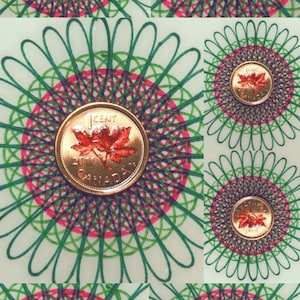 Hand coloured Canadian one cent penny coin red sparkle leaves random year