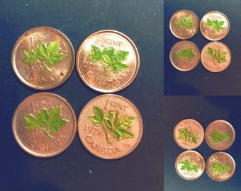 Hand coloured Canadian penny coin sparkle green random year