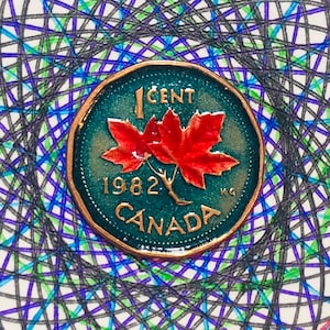 Hand coloured Canadian penny one cent coin random year red and turquoise