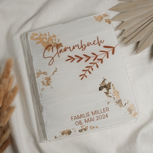 Stammbuch der Familie,floral, personalisiert aus Acrylglas mit Blattgold und weißer Lackierung, modernes Stammbuch edel und zeitlos