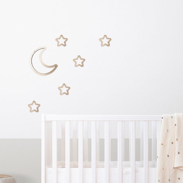 Décoration murale lune et étoiles en bois, à coller ou à suspendre, à fixer ou à flotter, autocollant mural pour chambre d'enfant en bois