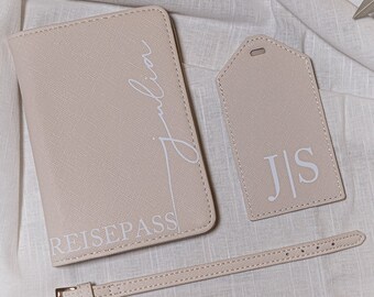 Personalisiertes Reisepass Etui | beige | Kofferanhänger, mit Initialen | Travelorganizer | Reisepass Set | Reiseorganizer