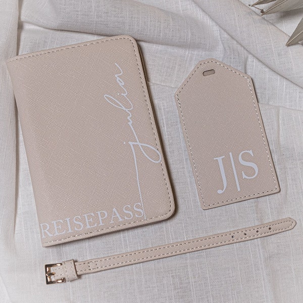 Personalisiertes Reisepass Etui | beige | Kofferanhänger, mit Initialen | Travelorganizer | Reisepass Set | Reiseorganizer