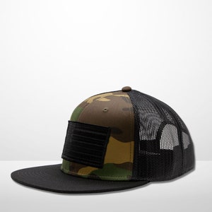 Black American Flag Patch on Flat Bill Style Mesh Snap Back Hat - USA SnapBack Cap Crafted in and ships from USA