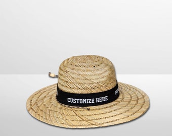May include: A straw hat with a black band and white text that says "CUSTOMIZE HERE".