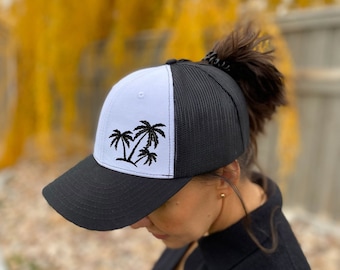 DATI Ponytail Women Baseball Cap - High Ponytail - UPF50 - Palm Trees - Women cap- Adjustable Ponytail hat - Pony cap  - Female cap