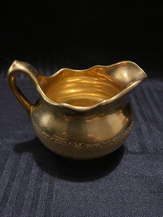 米国購入シュリンプ THE PEELERS ★ビンテージ60sエナメル七宝製 Vintage Wheeling Gold China Sugar and Creamer Set Floral Pattern