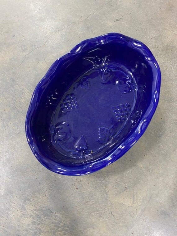 Vintage Cobalt Blue Pottery Casserole Dish Embossed Grapes Etsy