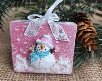 Handmade Snowman Christmas Ornament, Painted Wood Winter Decor