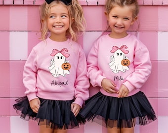 Barntröja med namn på halloween, retro spöktröja för flickor, tröja för småbarn, söt spöktröja, retro halloweentröja för flickor