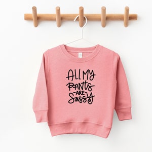 Może przedstawiać: R&oacute;żowa bluza z czarnym napisem "All My Pants -Are- Sassy".