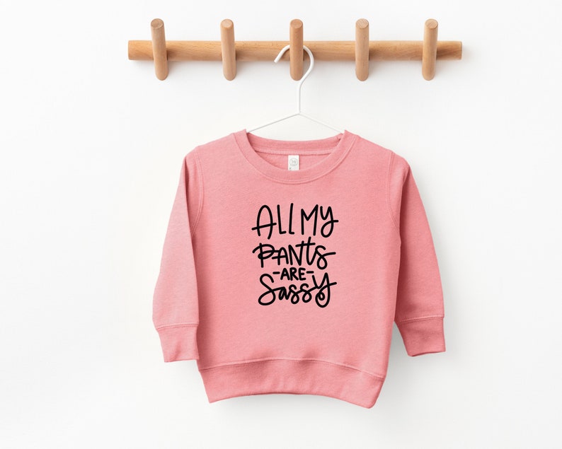 Może przedstawiać: R&oacute;żowa bluza z czarnym napisem "All My Pants -Are- Sassy".