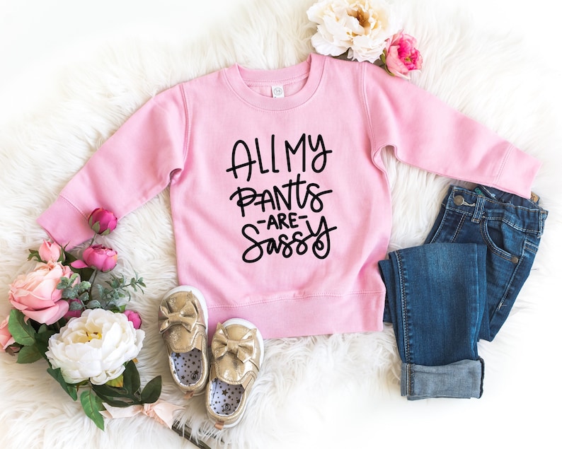 Może przedstawiać: R&oacute;żowy sweter z napisem "All My Pants -Are- Sassy" czarnymi literami. Sweter leży na białym, puszystym podłożu z niebieskimi dżinsami i złotymi butami.