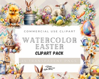 Easter Watercolor Clipart PNG Bundle - Spring Clip Art Collection, Bunny, Easter egg, flowers, Basket, wreaths, Happy Easter, Commercial use