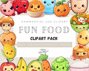 Adorable Kawaii Food Clipart PNG Bundle - Instant Digital Download, 50 + images, fun food, fruit, vegetables, coffee, water, commercial use