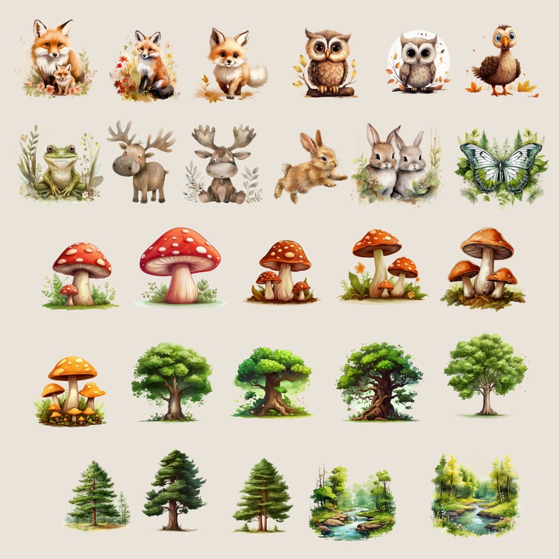 Adorable Woodland Animal Watercolor Clipart Bundle, Woodland Animal Digital Clipart, Nursery Clipart, Forest Friends, Fox Bear Raccoon Wolf image 2