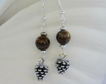 Rustic Pinecones is Created with Red Zebra Jasper Beads, SP Spacers and Sterling Silver Pinecone Charms Hanging on SS French Ear Wires