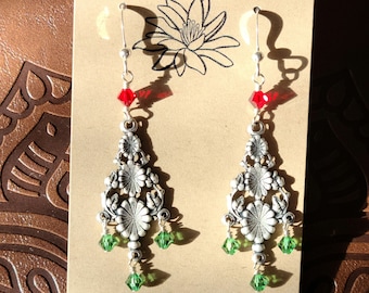 Vintage Christmas Tree are Created with Red and Green Crystals, Pewter Antique SP Chandelier Component Hanging on SS French Ear Wires