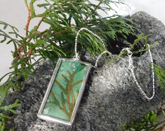 Forest Soldered Pendant, Evergreen Twig, Green Decorative Paper, 8mm Aventurine, Silver Plated Ball Chain with Lobster Clasp
