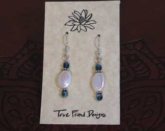 Blue Pearls is Created with White Shimmering Oval Pearl Beads, SS Bali Beads with Smokey Blue Crystals on SS French Ear Wires