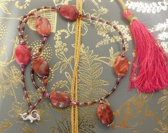 Ruby Crazy Lace Agate Necklace with Oval Semi Precious Beads, SS Bali Beads, Crystals, and Japanese Seed Beads with SS Lobster Clasp
