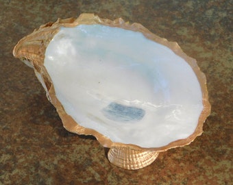 Oyster Shell Ring Dish, Jewelry Dish, Small Trinket Dish or Coastal Beach Decor with Gold Leaf Paint