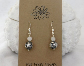 Moonstone Bright is Created with Moonstone Beads Above Sterling Silver Moon and Star Beads Hanging on Sterling Silver French Ear Wires
